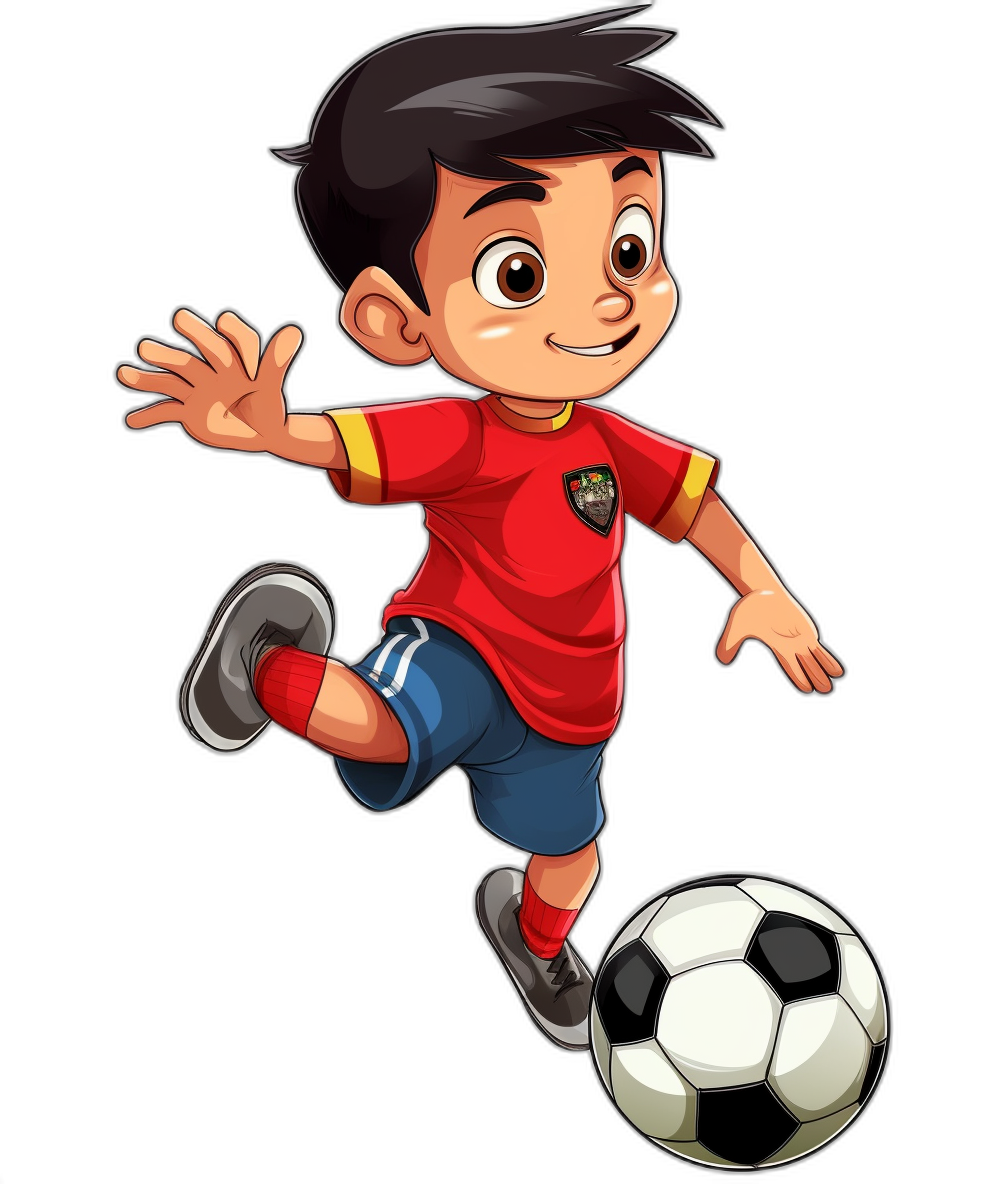 cartoon style, vector design of an indonesian boy playing soccer wearing red shirt and blue shorts with black hair in action pose on the right side, background is solid pure Black color, clip art sticker , logo icon, simple clean lines, flat colors, cartoon illustration, professional tshirt graphic design for kids, football team mascot theme