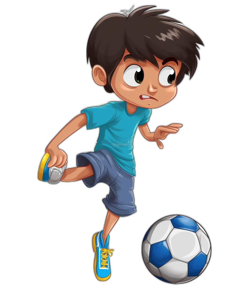 cartoon style, vector design of an asian boy playing soccer with black background. The character is wearing blue t-shirt and grey short pants, white sneakers shoes and has brown hair in the middle part hairstyle. He’s kicking his right foot to kick ball towards camera