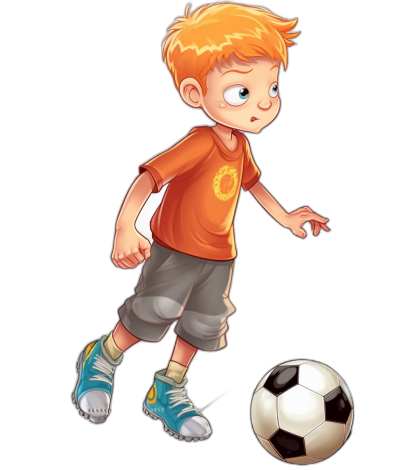 Cartoon style, cute little boy with orange hair playing soccer on a black background in the style of unknown artist.