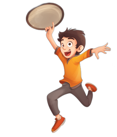 A happy young boy with short brown hair and an orange shirt, grey pants and shoes is jumping up in the air catching a frisbee in the style of a cartoon on a black background.