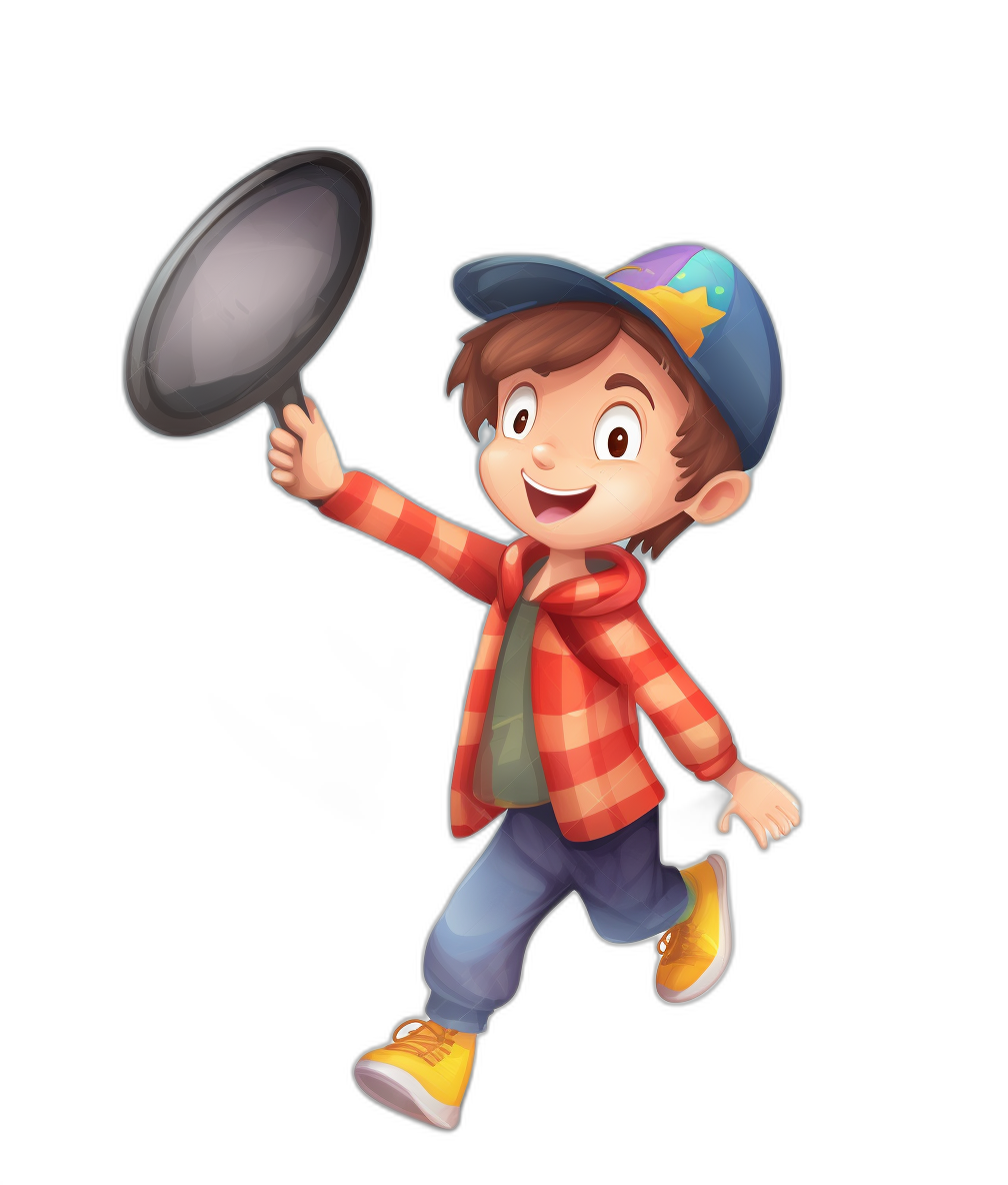 A cartoon boy is holding up an empty frying pan, jumping in the air with his right hand and wearing casual , a blue hat on his head, a red plaid shirt, and yellow shoes against a black background. The art style is reminiscent of 2D game art with a character design in the style of Disney Pixar animation. It is a full body shot of the cartoon illustration with simple details and high resolution, quality, and detail. The digital image is a high definition masterpiece.