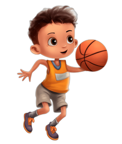 An adorable cartoon-style illustration of a basketball player, featuring a boy with short brown hair and big eyes wearing an orange sleeveless top and grey shorts playing basketball on a black background. The illustration should have bright colors and soft lines to give it a cute appearance suitable for children's book illustrations. Emphasize details in his face like a happy expression or any accessories he may wear while shooting a basket, in the style of a children's book illustration.