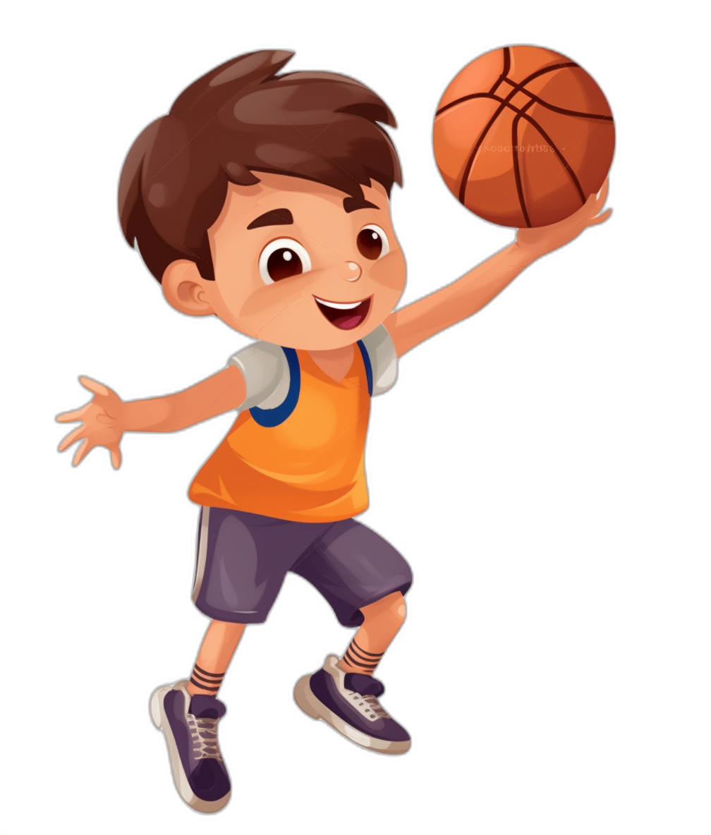 A cute cartoon boy playing basketball in a simple flat style illustration with a black background in the style of 2D game art and a cartoon style with simple details, high resolution, colorful colors, high contrast, bright lighting, and a joyful expression.