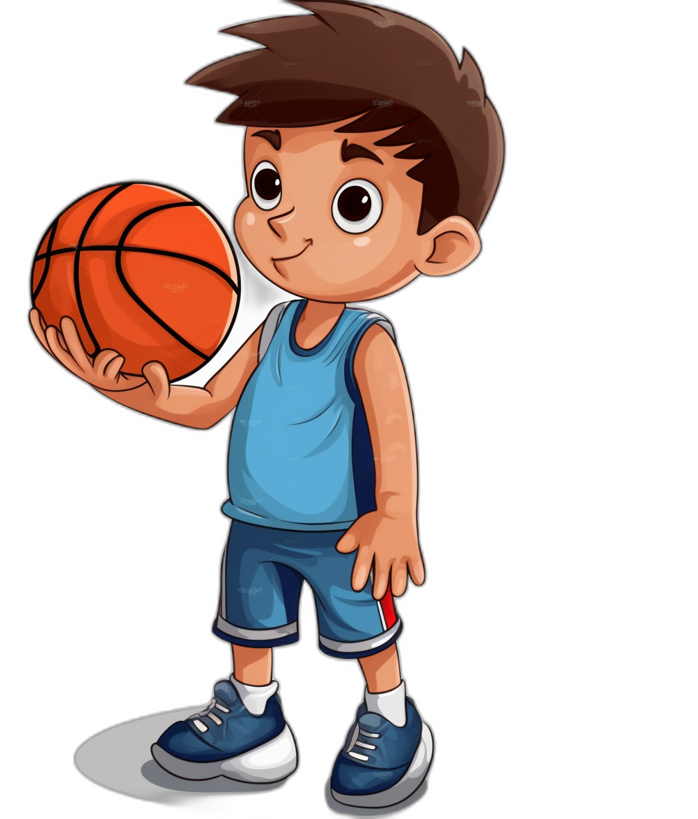 A cartoon boy holding a basketball, wearing a blue sleeveless T-shirt and shorts with white stripes on the sides of his pants. He is standing in a front view, looking at the camera. Black background. The character has brown hair and dark eyes. A full body shot of him playing basketball. Vector illustration in the style of cartoon.