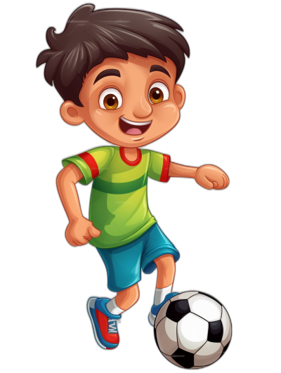 vector cartoon of an Indian boy playing football, wearing green and blue shorts with red shoes, smiling expression, full body, on black background, cartoon style