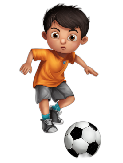 A cute little Asian boy with black hair, wearing an orange T-shirt and gray shorts is kicking the soccer ball in the style of Pixar. Black background. Full body shot. He has short dark brown hair, big eyes, long eyelashes, small nose, smiling face, character design for children's book illustration. Illustration in the style of Disney Pixar cartoon characters. The scene should be rendered in bright colors with soft lighting to highlight his features.