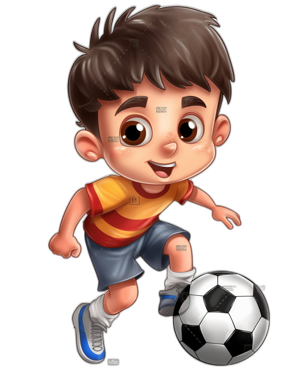 Cartoon character of a cute boy playing football, full body, in a cartoon style, on a black background, with cute baby brown hair wearing a dark red and yellow shirt and blue shorts, white shoes, holding a soccer ball in his hand, with a smiling face expression, using bright colors, soft lighting, and a cheerful mood, in the style of Pixar characters.