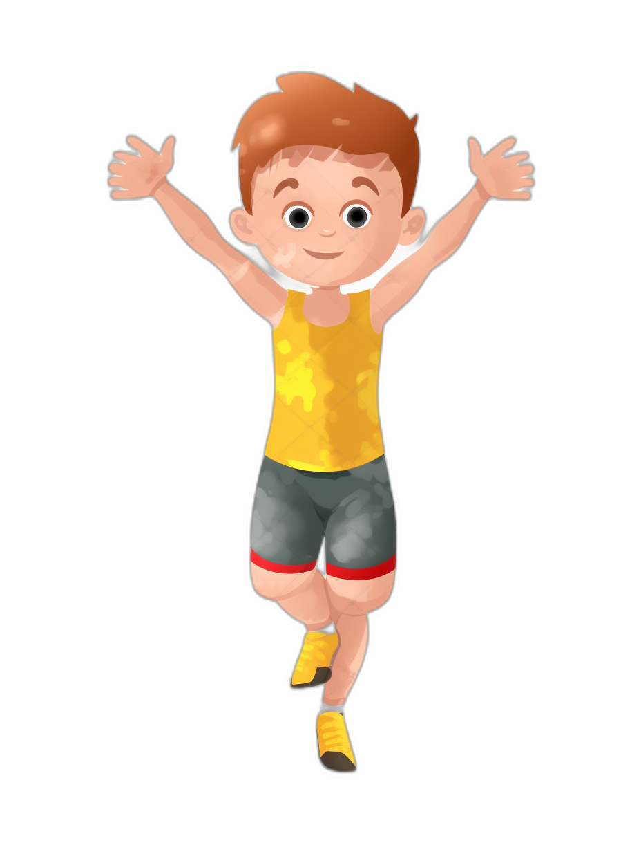 A boy wearing a yellow tank top and grey shorts is jumping up in the air with his arms outstretched, smiling against a black background in the style of a cartoon children’s book illustration.