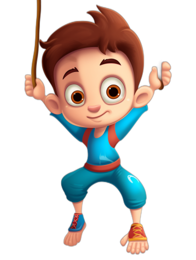 A cartoon character boy doing gymnastics, hanging on the rope with his feet, wearing blue pants and a red top, brown hair, big eyes, against a black background in the style of Pixar, shown in a full body shot.