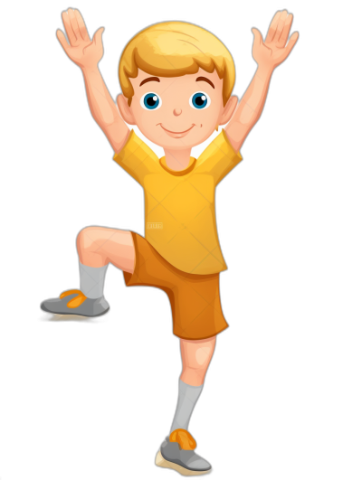 a blond boy doing T pose with arms up, happy face expression in yellow t-shirt and orange shorts, grey socks and white shoes on black background, cartoon style vector illustration clipart png no shadow , transparent, isolated from the edges