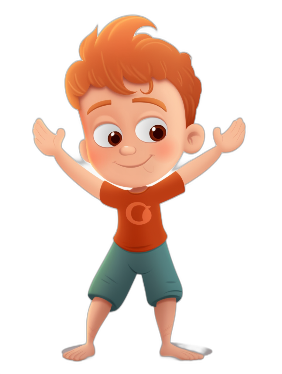 A cute cartoon character of an American boy with ginger hair, wearing shorts and an orange t-shirt in the style of Pixar standing on a black background with his hands up.