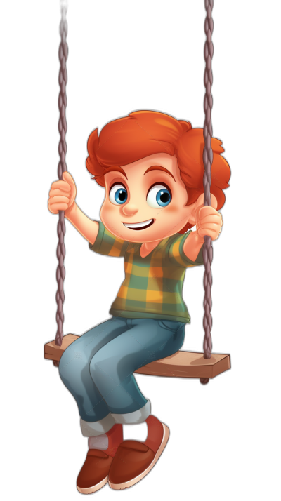 A cute cartoon of a ginger haired boy on a swing, with a black background, in the style of Pixar.