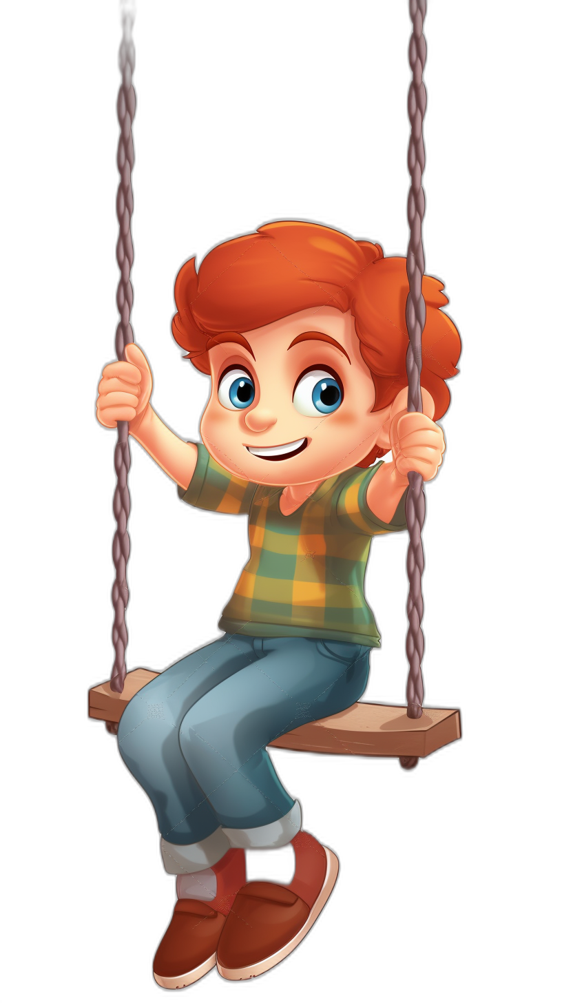 A cute cartoon of a ginger haired boy on a swing, with a black background, in the style of Pixar.