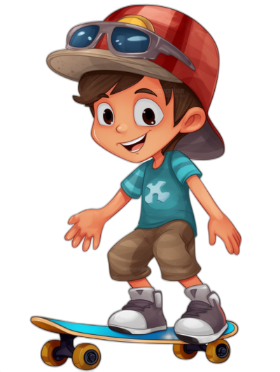 cartoon character of a boy wearing a red cap and blue shirt on a skateboard against a black background, in the style of Pixar.