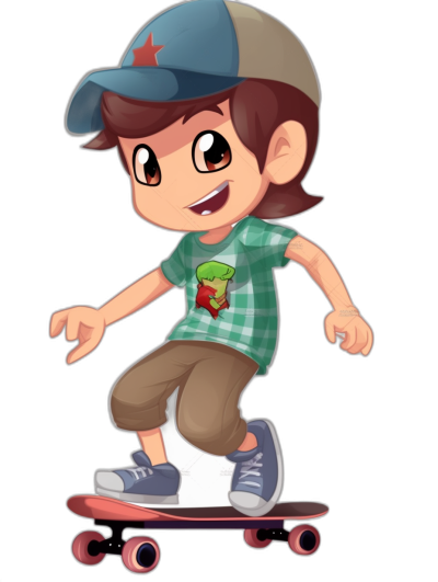 cartoon boy with brown hair and blue eyes, wearing a green shirt, white shorts and grey shoes, with a baseball hat on a skateboard, against a black background, in the style of chibi, digital art