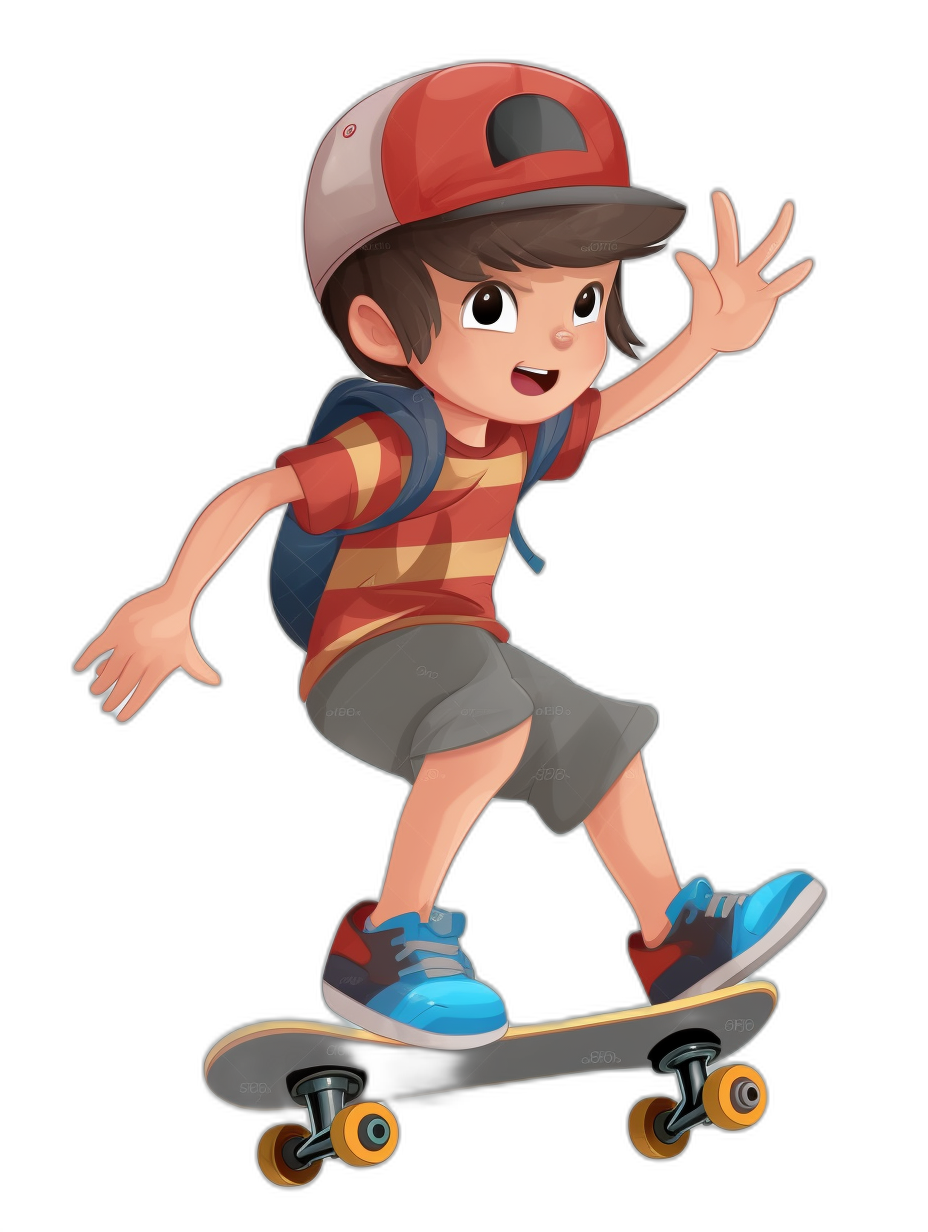 A boy with brown hair, wearing red and white cap , blue shoes, grey shorts, riding on skateboard , cartoon style, black background, character design, no outline, 2d game art