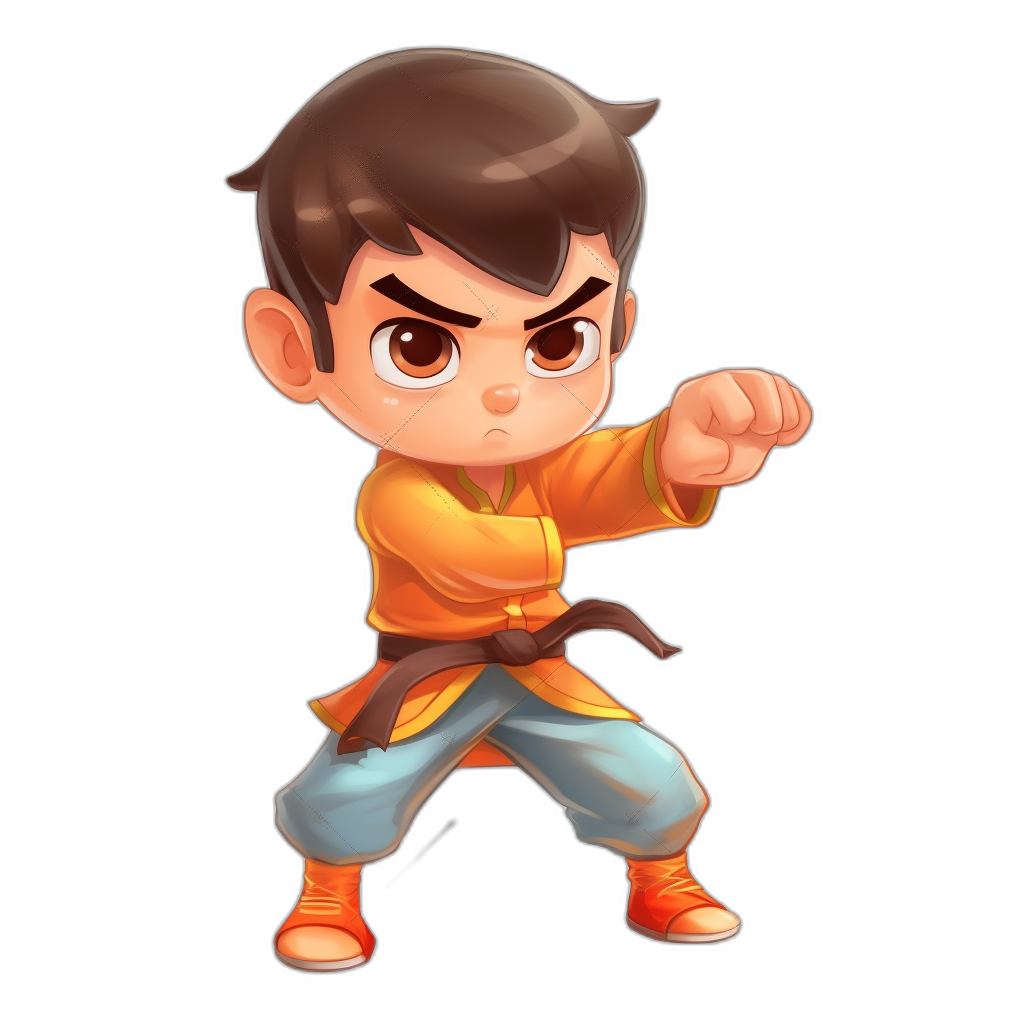 An cartoon avatar of an Asian boy in kung fu attire, with brown hair and orange . He is striking a fighting pose, holding his right hand up high while looking straight ahead. The background color should be black to highlight him more clearly. His eyes sparkle as he looks into your soul, in the style of a chibi character.