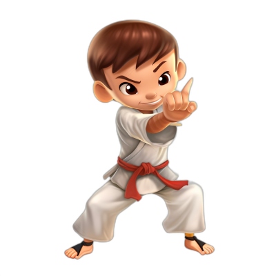 A young boy in a white karate outfit with a red belt, brown hair and dark eyes is doing a cartoony high kick with his right leg while pointing at the camera. Full body character design on a black background. Cartoon style, chibi. The left side of his face has no eyebrows. He's smiling and happy. His expression looks friendly but serious. There should be some light coming from behind to create shadowing around his features. He wears slippers on both feet. No shoes. No helmet or mask.