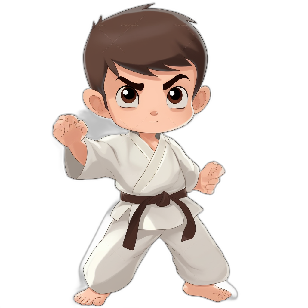 cartoon chibi style of a karate boy with brown hair and a white gi, simple design, black background, in a ready to fight pose