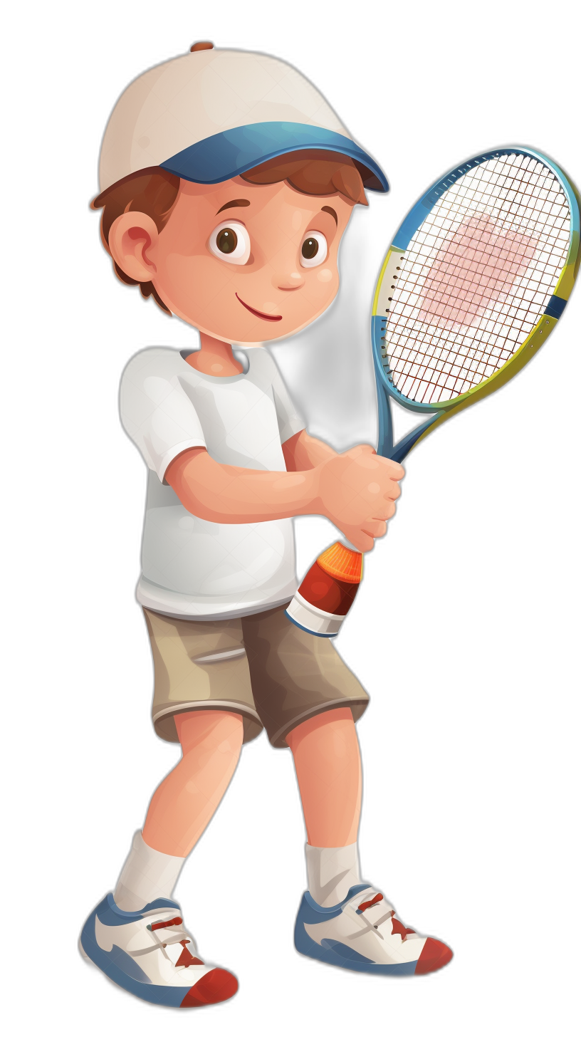 boy playing tennis, vector illustration for a children’s book in the style of Damien Bмяrteau, on a solid black background, showing his full body, wearing a white cap and shorts, with brown hair, holding a racket in his right hand, in a cartoon style, like a Pixar character, with a cute face with big eyes, smiling, wearing sneakers on his feet, with no shadows.