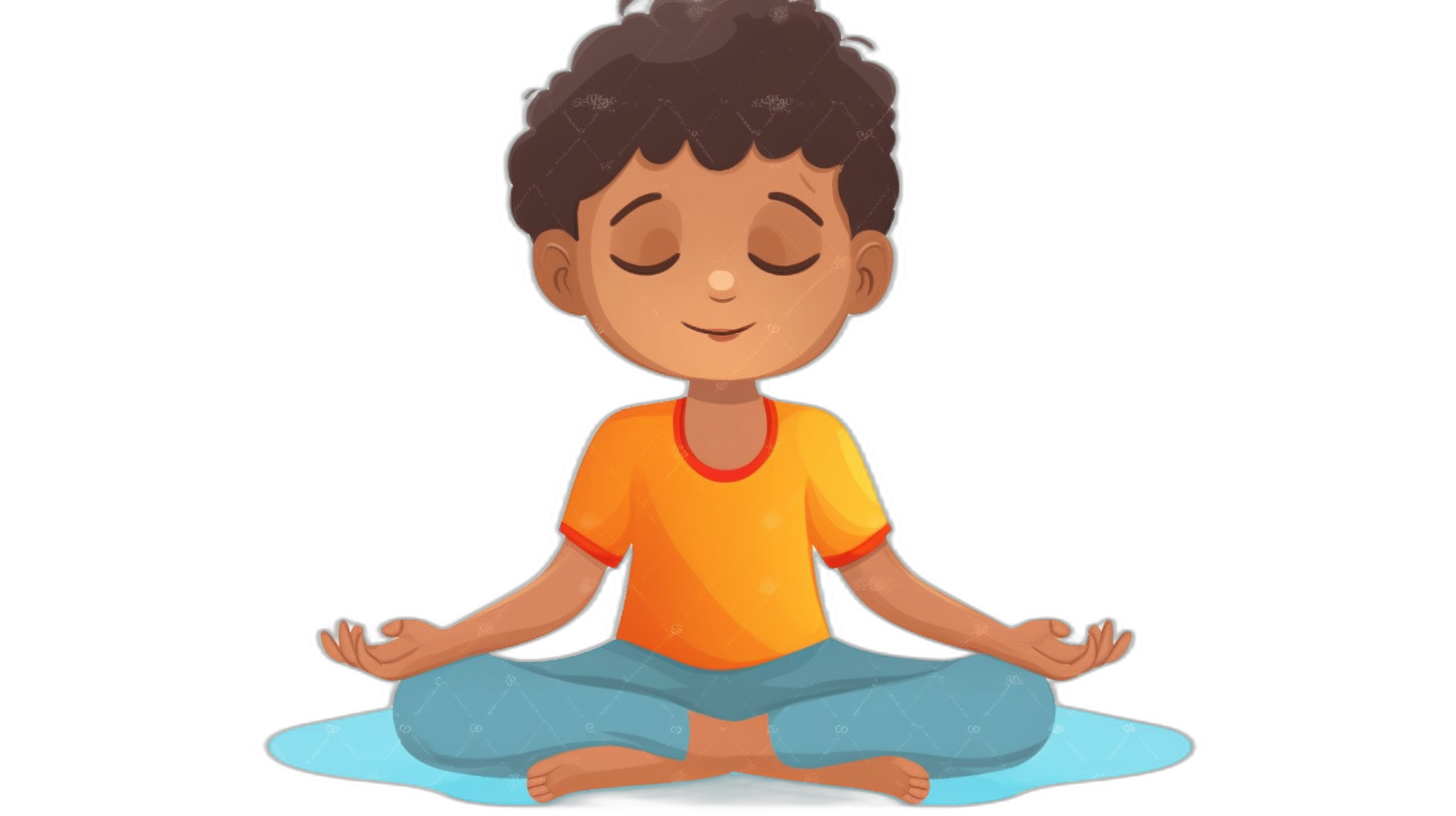 A cartoon vector illustration of an Indian boy doing yoga, sitting in lotus position with his eyes closed and smiling, on a black background. The character is wearing a t-shirt and blue pants. He has short hair and curly bangs. His skin tone should be a dark brown or olive colored. This design could convey the idea that meditation can help you relax your body and mind, emphasizing inner peace and calmness through relaxation techniques. The illustration is in the style of a vector illustration.