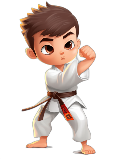 Create an illustration of the young boy in his karate outfit, ready to fight with determination and focus on black background, chibi style character design, cute cartoon art, high resolution, high quality, high detail, extreme details, ultra detailed, cinematic lighting, white , brown belt, simple hair, big eyes, brown skin tone color.