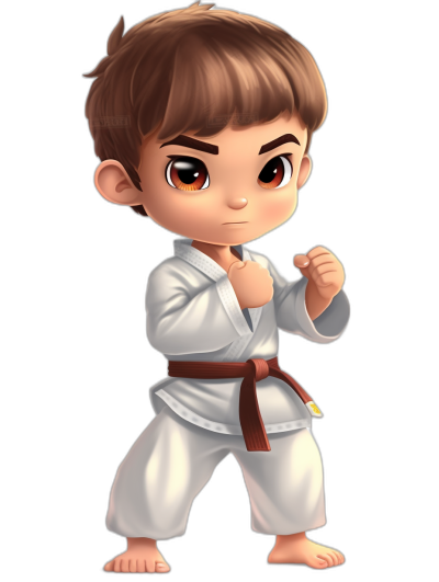 A cute boy with brown hair in a white karate outfit, in the style of cartoon style, simple black background, in the style of 2D game art, cute character design, high resolution, in the style of chibi anime style