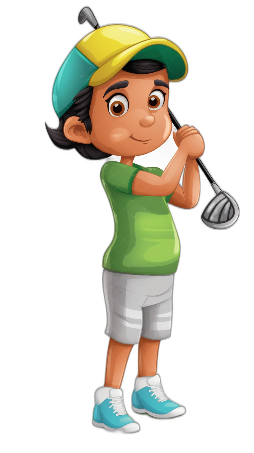 A cute young Indian boy playing golf in an illustrated cartoon style, wearing a green t-shirt and white shorts with blue shoes, a yellow cap on his head, holding a driver in his hand, against an isolated black background in a full body shot.