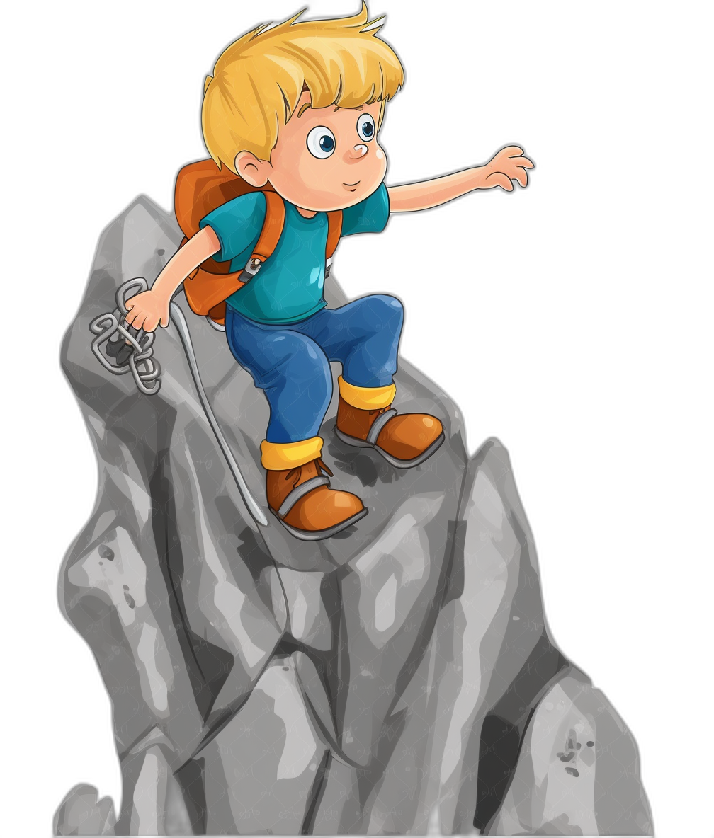 A cartoon drawing of a blonde boy climbing to the top of a rock, he is wearing a blue shirt and brown shoes with yellow laces, isolated black background, in the style of Pixar.