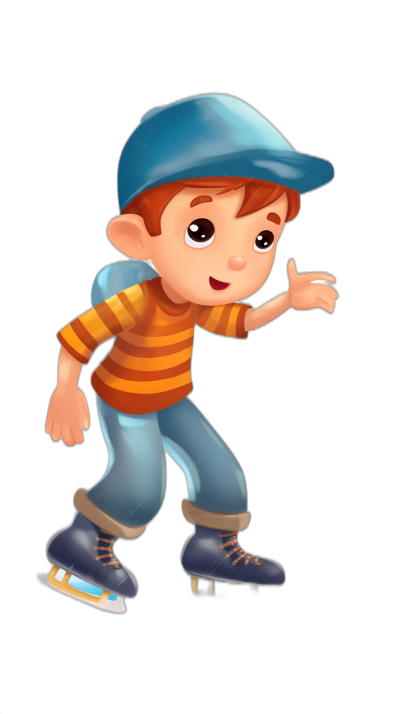 A cartoon boy roller skating, wearing a blue cap and striped shirt with jeans on a black background, from the side view, in a simple style, with colorful animation stills, bright colors, colorful costumes, in the style of Disney Pixar, Q-version cartoon illustrations, character design, cute expressions, cartoon characters, simple lines, black backgrounds, 3D rendering. High resolution. High detail.