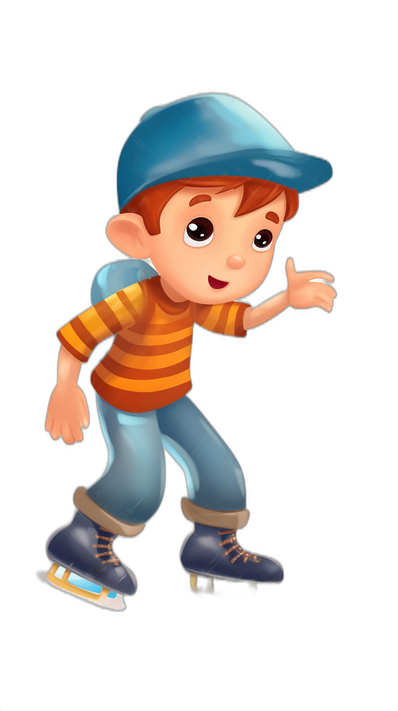 A cartoon boy roller skating, wearing a blue cap and striped shirt with jeans on a black background, from the side view, in a simple style, with colorful animation stills, bright colors, colorful costumes, in the style of Disney Pixar, Q-version cartoon illustrations, character design, cute expressions, cartoon characters, simple lines, black backgrounds, 3D rendering. High resolution. High detail.