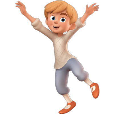 A young boy with blonde hair, wearing white pants and orange shoes is jumping in the air with his arms spread out to hug someone. He has blue eyes, wears light-colored  and is smiling. Disney style cartoon character on a black background. In the style of Pixar.