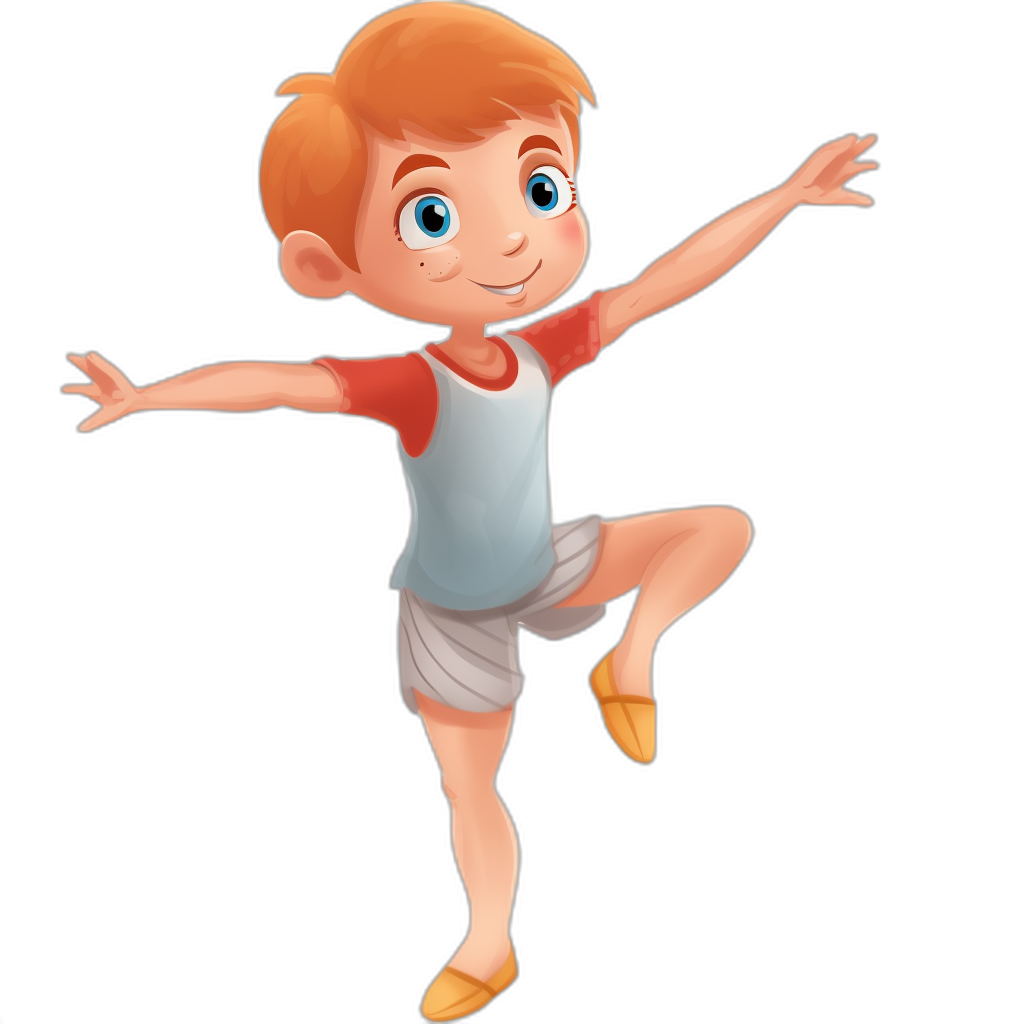 A cute cartoon boy doing ballet in the style of Disney Pixar animation, with a simple drawing style and solid black background. A full body portrait of the boy in a 3D rendering, with a happy expression. He is wearing red and white short sleeves and gray shorts, with bright eyes and a slender figure. From a high angle perspective with natural lighting and light tracing. HD.