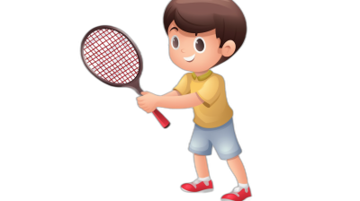 A boy playing tennis in an illustration in the style of a cartoon, with a simple and cute design. The full body illustration has a black background with a simple color palette, but vibrant accent colors for the character's  and accessories. The cute character design has exaggerated features to emphasize cuteness. He is holding a tennis racket in his hand, facing forward towards the camera. The focus is on his face, showing excitement or concentration while he holds the opposite end of the net on which it stands.