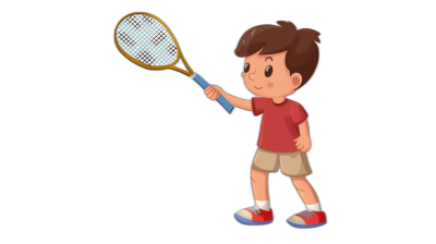 A cute little boy is playing tennis in a cartoon style with simple lines and vector graphics on a black background in a flat design. The high resolution, professional illustration contains very detailed details. He holds the racket in his hands with both hands and wears a red T-shirt and white shorts. The character has brown hair and is wearing shoes. It's a full body shot of him playing tennis. He also wears sports sneakers on his feet. Isolated without shadows or light reflections.