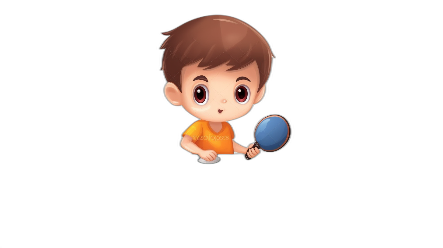 logo, vector style, little boy with brown hair and orange tshirt holding magnifying glass in his hand on black background, in the style of cartoon character, in the style of chibi anime, cute style, game artstyle, cute logo design, adorable, 2d animation style, simple design, flat colors, vector illustration, white border around the edge of all elements, empty space inside the outline for designs