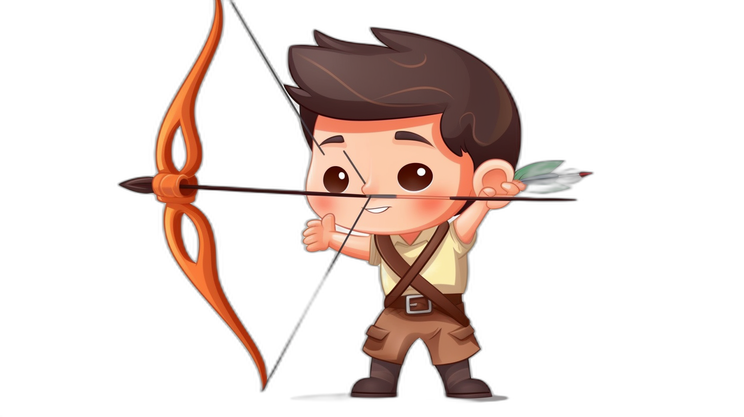 archer cartoon character holding a bow and arrow, simple design in the style of chibi style, vector illustration, game art on a black background, cute boy wearing brown  as an archery player, 2d video game asset