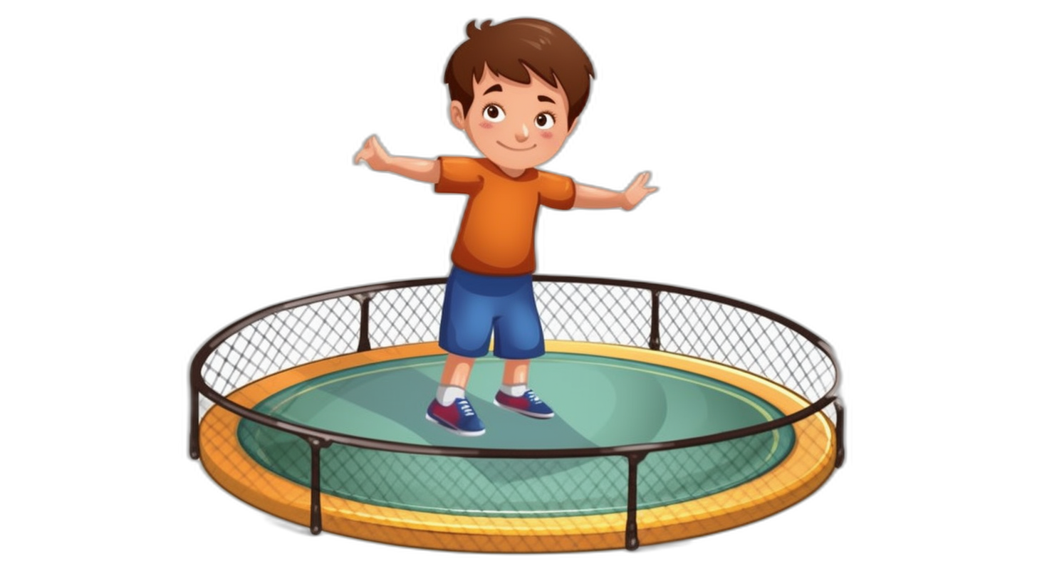 A cartoon boy standing on top of a trampoline in a vector illustration with a black background. The little man is wearing blue shorts and an orange t-shirt, his hands raised in joy as he stands at one end of the round frame that forms part of the jumping surface. He has brown hair and wears sneakers. A fence surrounds him to protect other people from being hit by falling kids while they play. In front view. Vector Illustration. Isolated on a Black Background.