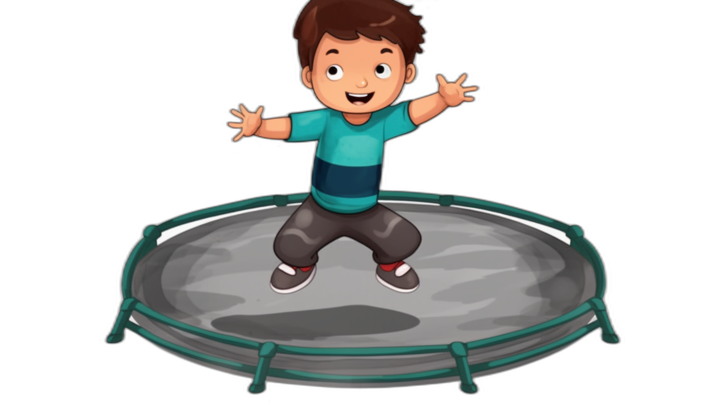 A cartoon boy jumping on a trampoline, in a vector illustration style with a black background. He is wearing dark gray pants and a blue t-shirt, his hair is brown color. The material of  should be soft cotton to make him look friendly. His hands are spread out in front for balance while he jumps up from the ground. In a playful environment, there are no other characters or objects around.