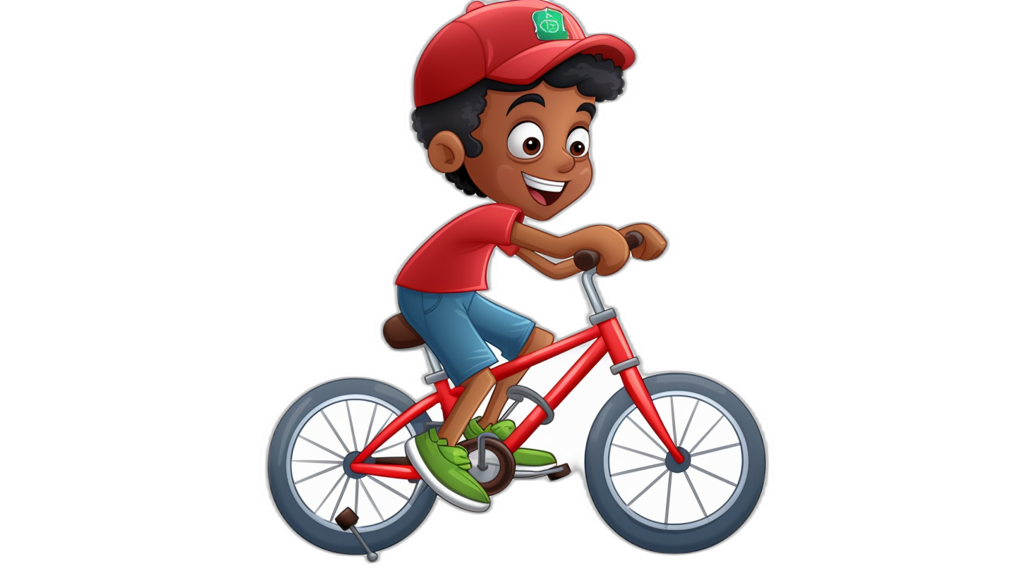 A young boy with dark skin, wearing a red cap and blue shorts is riding his bike in the style of Pixar animation on a black background. He has big eyes and smiles while he rides the bicycle. The character should have detailed features like hair texture and  details. Use vibrant colors to make him stand out against the solid color backdrop. Make sure that all parts of the character such as legs, arms, hands, and feet look realistic and natural.