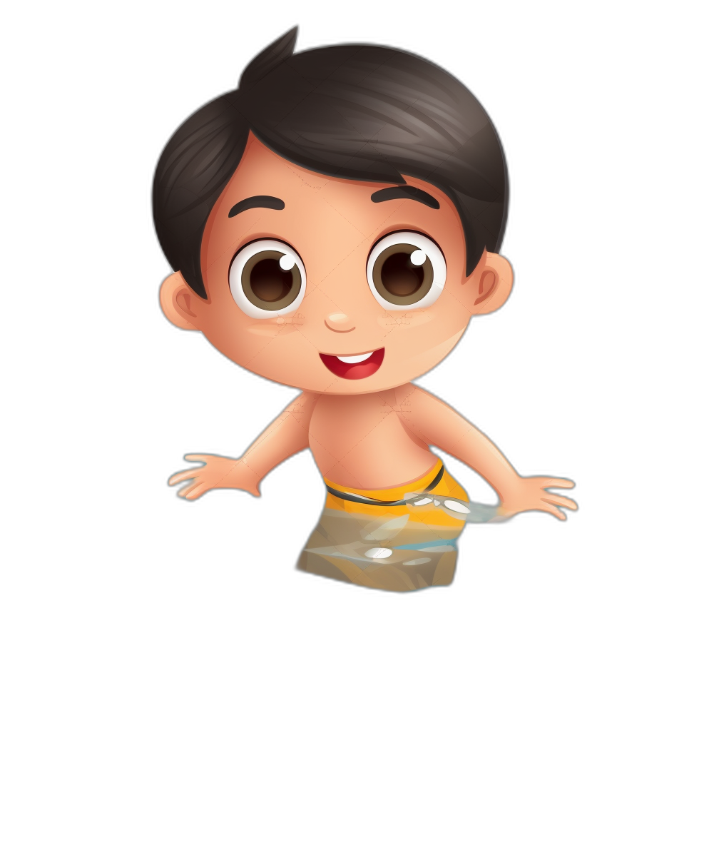 A cute little boy in swimming trunks with black hair, big eyes and a smiling expression is floating in the air. The design is in the style of Disney with a simple cartoon character style and full body portrait on a black background from a 45 degree perspective. The image is a 3D rendering with a minimal background.