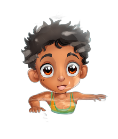 A cute baby boy with big eyes, short black hair and brown skin is doing sports in a swimming suit. He has one arm outstretched to the side. The background behind his body must be completely dark. The character design is in the style of Pixar.