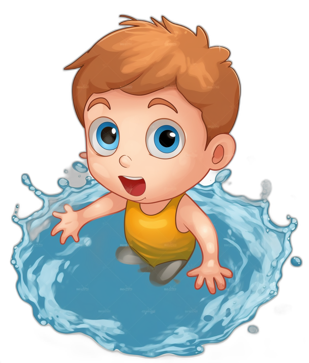 cartoon baby boy with big blue eyes and short brown hair, swimming in water, isolated on black background, clipart style, pixar quality