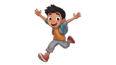 A cute Asian boy, jumping up with his arms open and smiling expression on the black background. He is wearing casual , gray pants, orange T-shirt, red shoes, white socks, backpack, simple color scheme, simple lines, simple details, high-definition resolution, 3D rendering in the style of Disney Pixar.