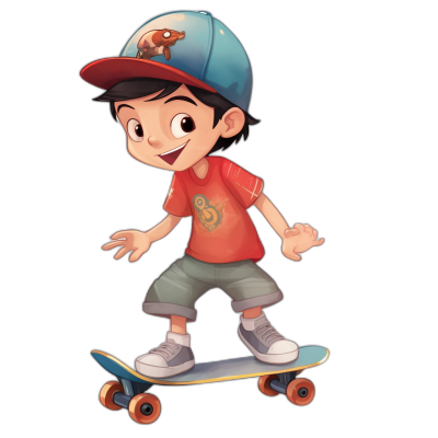 A cartoon boy with short black hair, wearing an orange t-shirt and gray shorts under his red shirt is riding on a skateboard. He wears white sneakers with blue laces tied around them. The young man has brown eyes that sparkle when he smiles, dressed in sportswear and a hat. Black background. Cartoon style. In the style of Pixar. Full body shot.