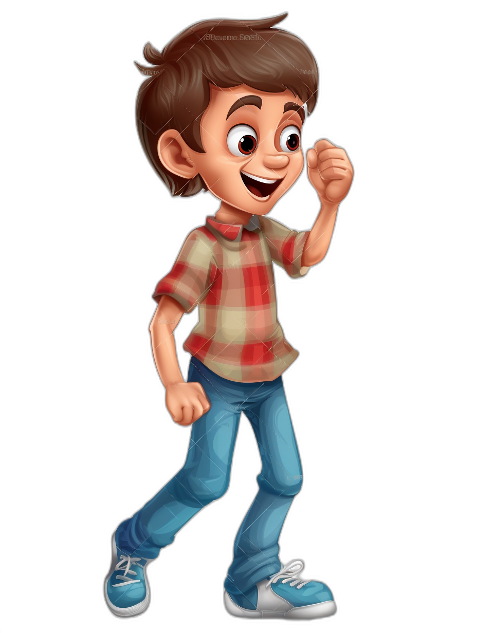 cartoon character of a happy young boy, full body, with brown hair and blue eyes wearing jeans and a plaid shirt with sneakers isolated on a black background, in the style of Pixar.