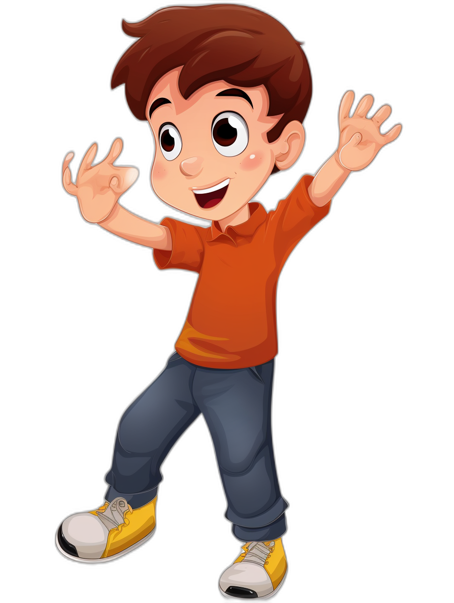 Cartoon of an excited young boy with brown hair, wearing blue jeans and an orange shirt, yellow shoes. He is waving his hands in joy while smiling at the camera. Isolated on a black background. Vector illustration for cartoon character design or children’s book illustration. Extremely detailed in the style of an ultra-realistic render.