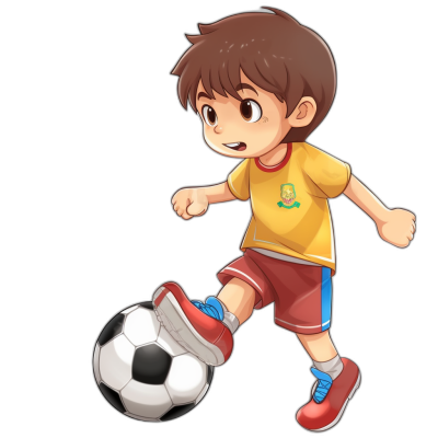 Cartoon style little boy playing football, vector illustration with black background. He is wearing red shorts and yellow t-shirt, has brown hair, blue shoes, kicking the ball while smiling at camera. The character should be designed in the style of cartoon, showcasing vibrant colors and exaggerated features typical of Japanese anime or chibi art. It's set against a simple solid color backdrop to emphasize the character design.