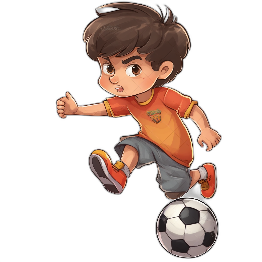 cartoon style, little boy playing soccer with a ball on a black background, full body, wearing an orange t-shirt and grey shorts, brown hair, brown eyes, in the style of Pixar art