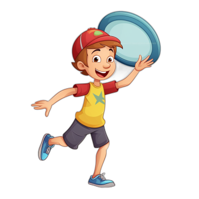 cartoon style, happy boy playing frisbee game on black background, wearing red cap and yellow t-shirt with blue shorts and sneakers.